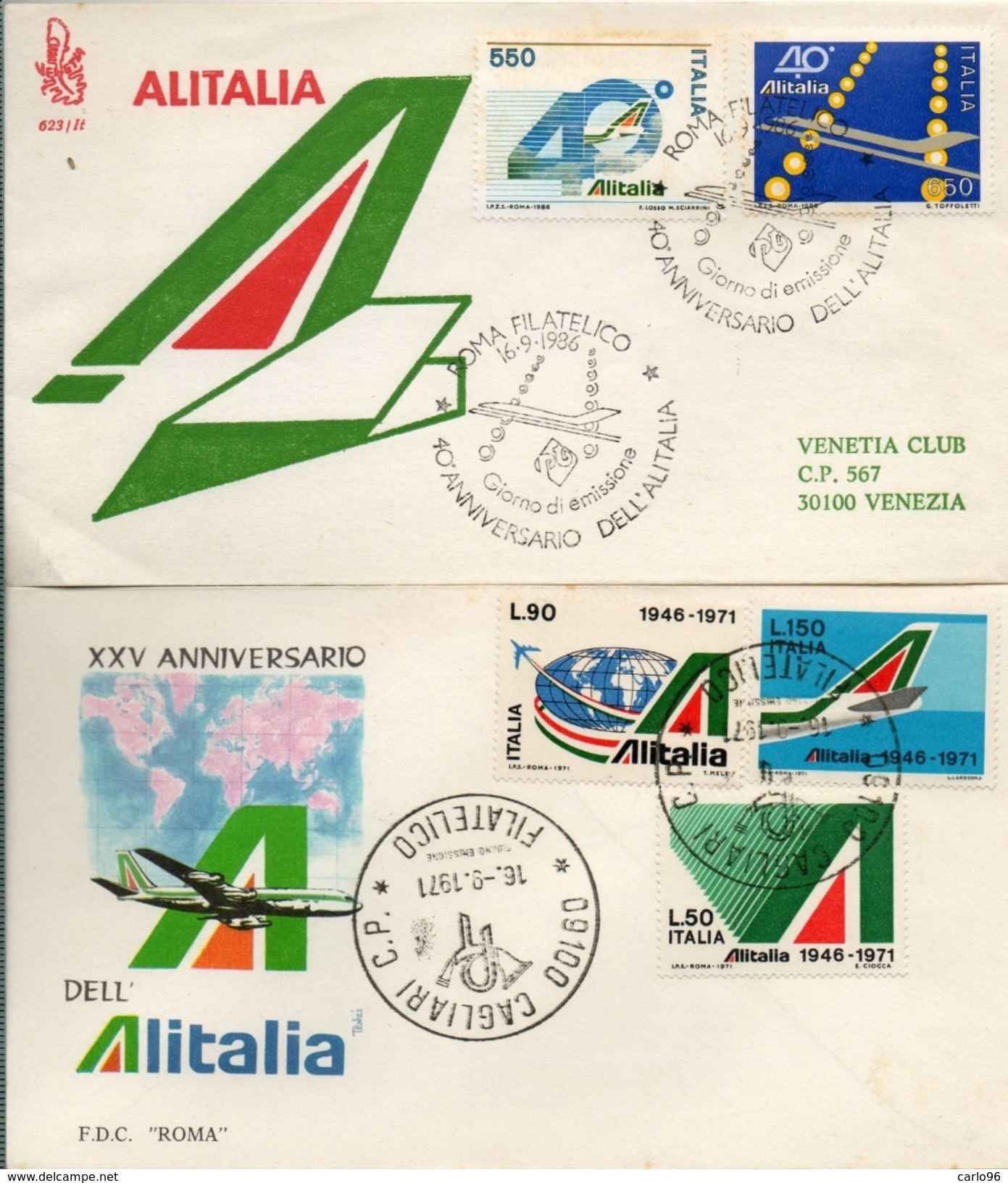 1971 / 1986 25° + 40° ANNIVERSARIO ALITALIA VENETIA 623   FDC  BOLAFFI / SASSONE - FDC