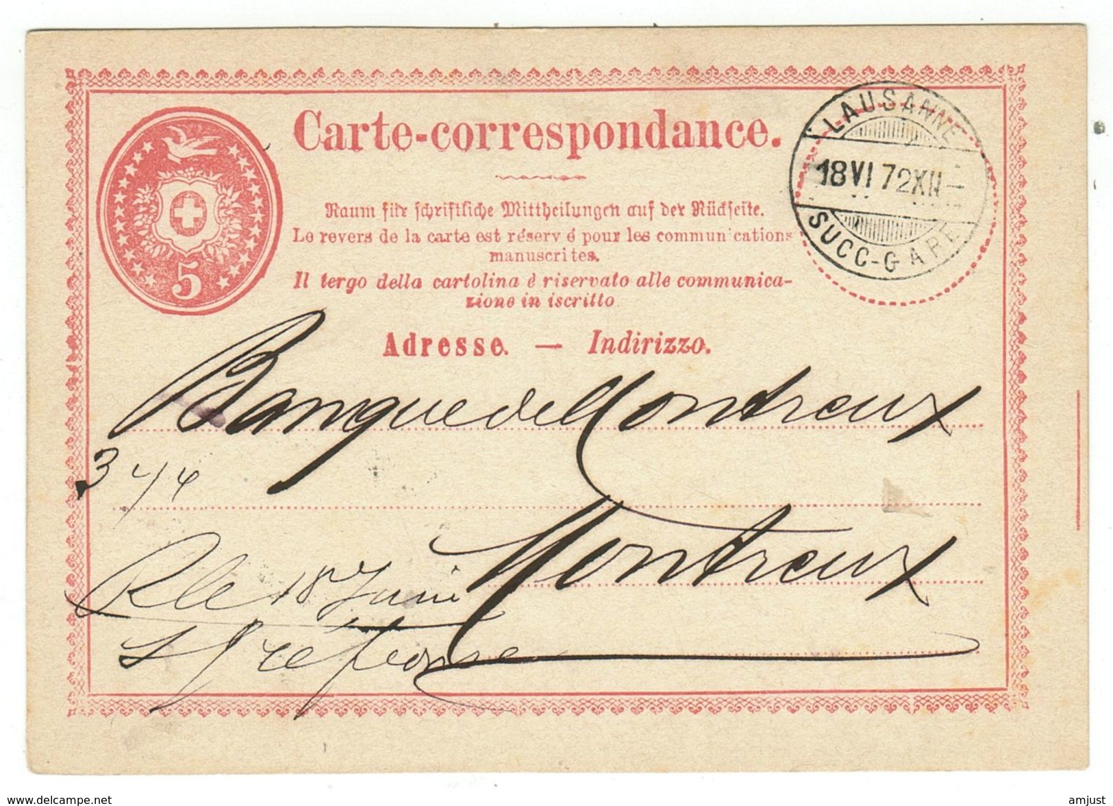 Suisse // Schweiz // Switzerland //  Entier Postaux 1870 // Entier Postal Au Départ De Lausanne Le 18.06.1872 - Entiers Postaux