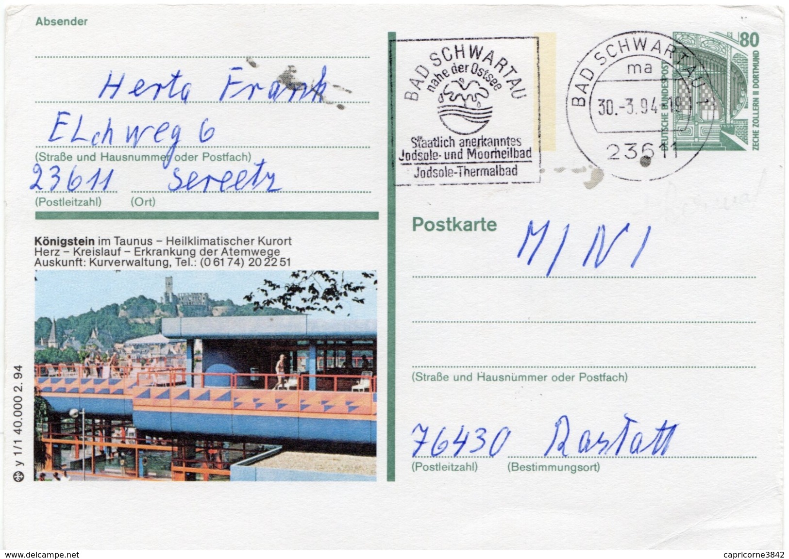 1994 -Allemagne -Entier Postal -Station Thermale De Königstein Im Taunus -Oblitération Station Thermale De Bad Schwartau - Cartes Postales Illustrées - Oblitérées