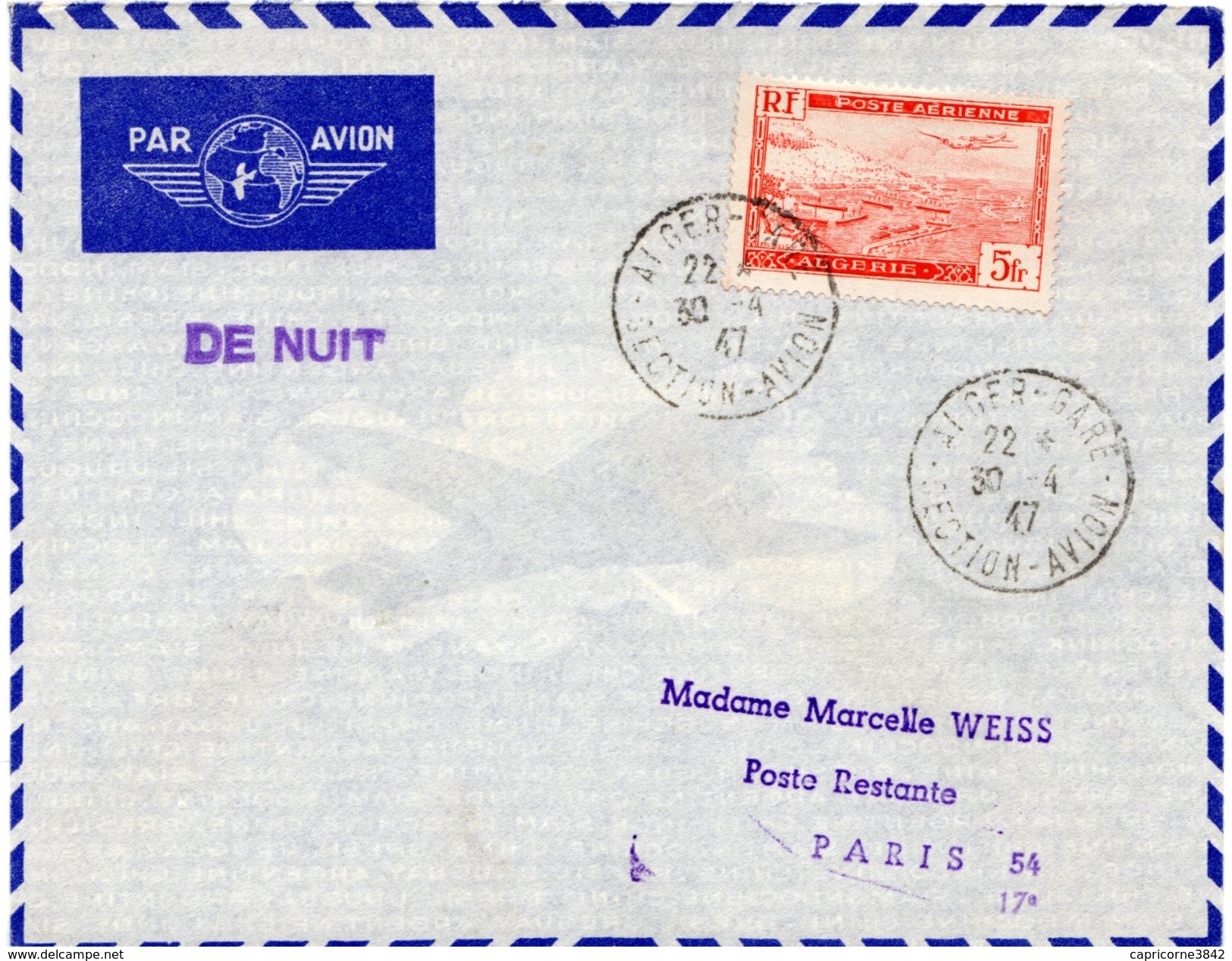1947-Algérie -Lettre D'Alger Pour Paris -Obl Départ"ALGER-GARE -SECTION-AVIATION" "DE NUIT"-Obl. Arrivée "PARIS AVIATION - Luftpost