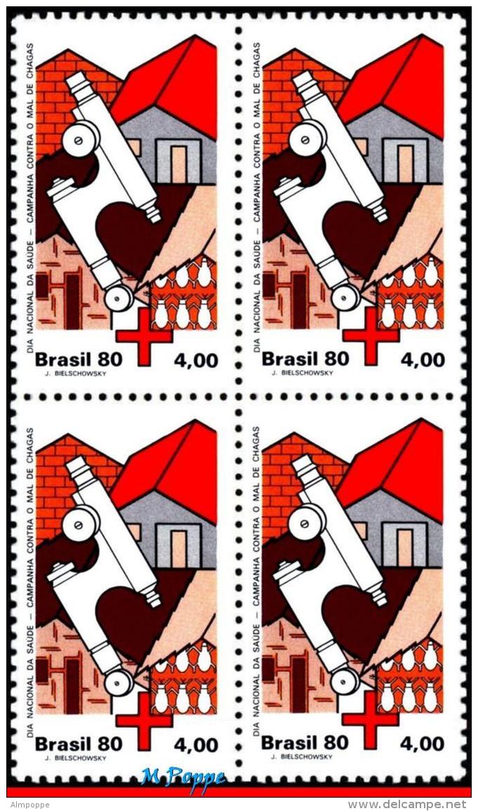 Ref. BR-1708-Q BRAZIL 1980 HEALTH, RED CROSS, CHAGAS DISEASE, , MICROSCOPE, INSECTS,MI# 1782,BLOCK MNH 4V Sc# 1708 - Unused Stamps