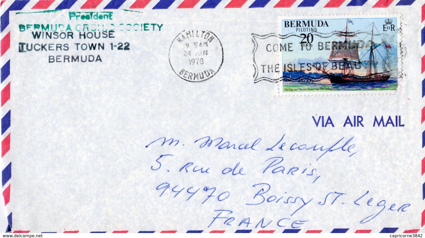 1978 - Bermuda - Obl "COME TO BERMUDA THE ISLES OF BEAUTY" Sur Tp Piloting 20 Cent (Harwest Queen" N°346) - Bermudas