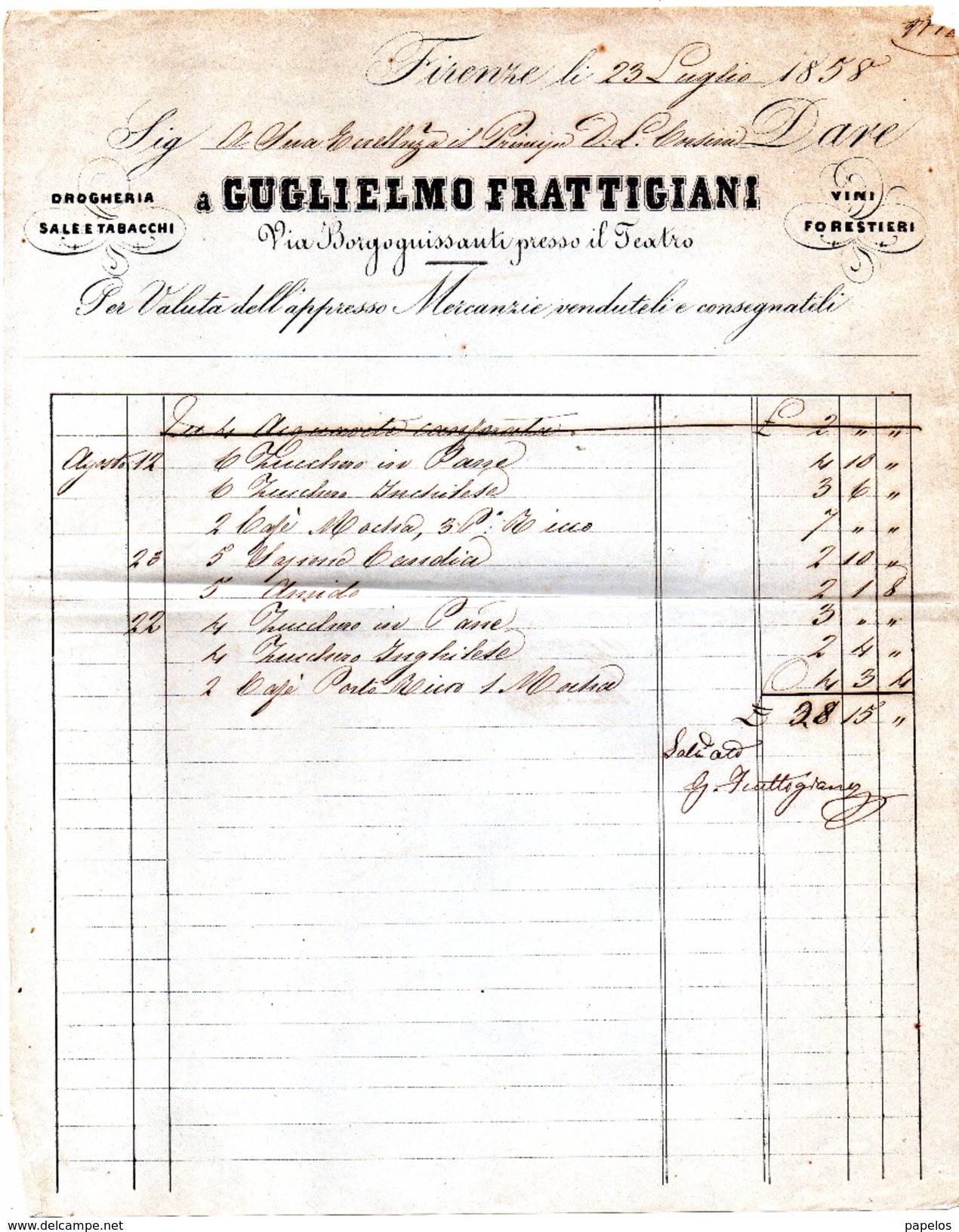 1858 FIRENZE - GUGLIELMO FRATTIGIANI - Italia