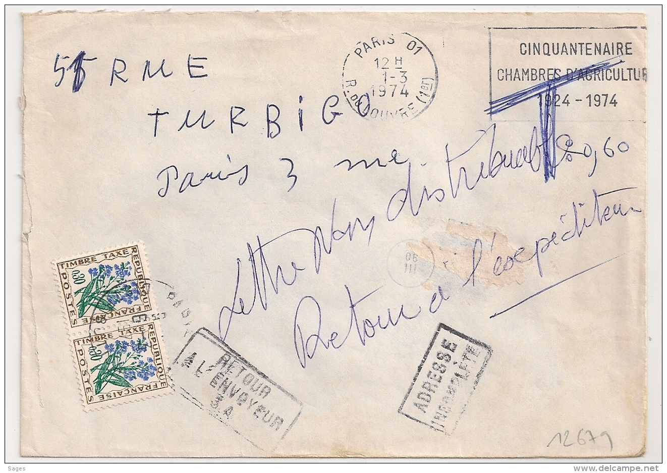 PARIS 01 R. Du LOUVRE TAXE 0.60F. 1974. Lettre Non Distribuable. - 1859-1959 Lettres & Documents