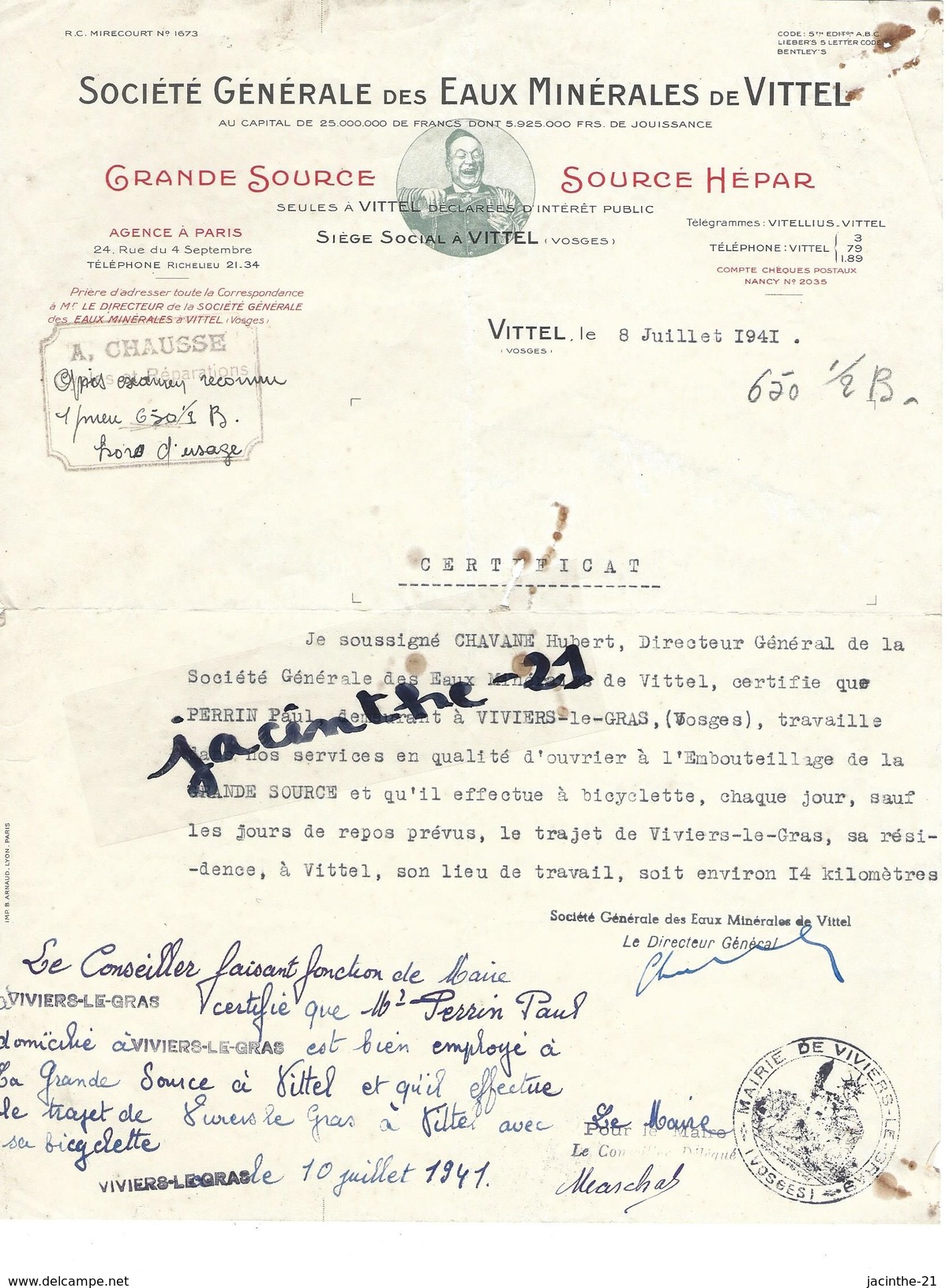 Certificat De Travail Paul PERRIN Viviers- Le-Gras Ouvrier Embouteillage Eaux Vittel Vosges/ Chausse Contrexéville/ Vélo - 1900 – 1949