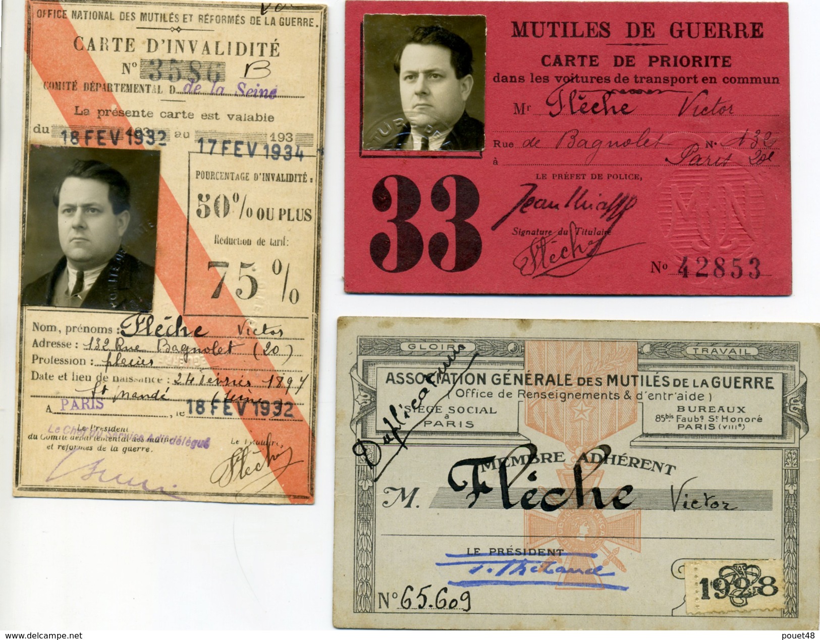 3 Cartes:  D'invalidité, De Priorité, Et Membre: Mutilé De Guerre. Mr Flèche, Rue De Bagnolet Paris: Né à St Mandé - Documenten