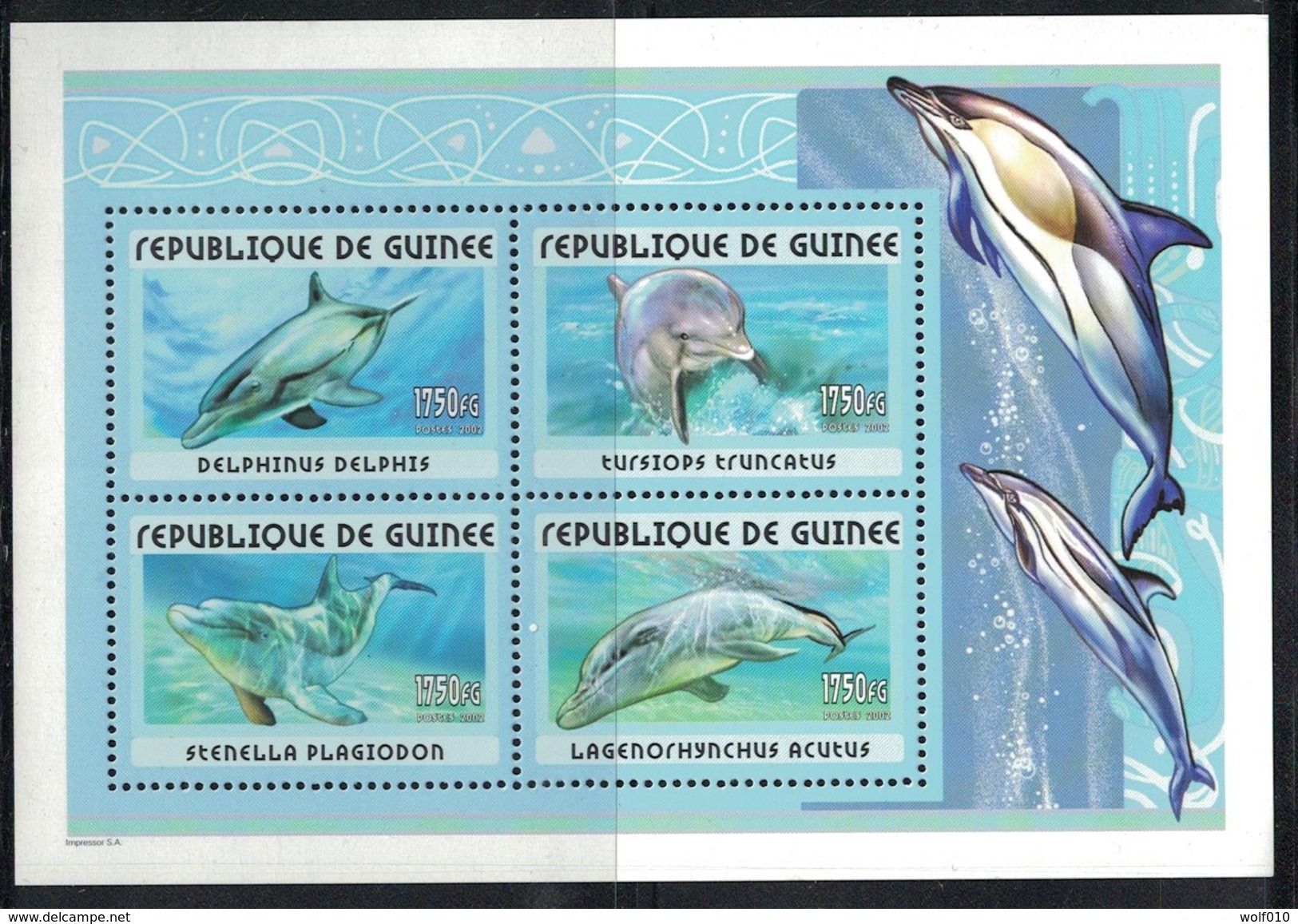 Guinea. 2002. Dolphins. MNH Sheet Of 4 With 2 Small Spots On Back. Scott Not Listed - Dolphins