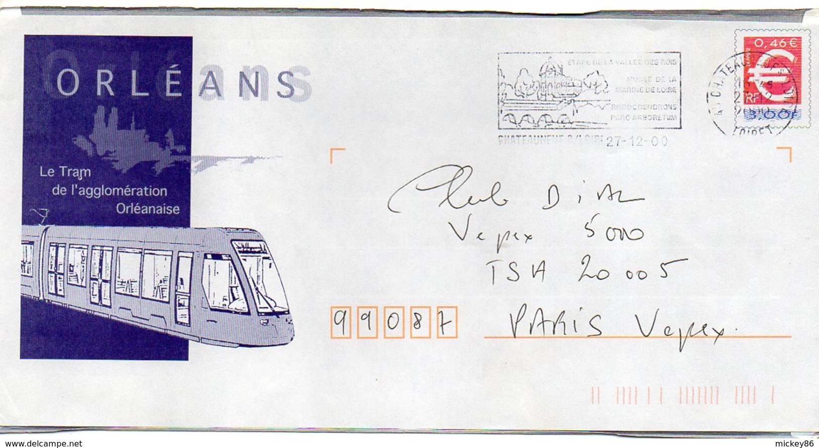 2000-PAP Repiqué EURO 0.46&euro;--ORLEANS--45 "Le Tram (tramway) De L'agglomération Orléanaise-flamme Chateauneuf/Loire- - PAP:  Varia (1995-...)