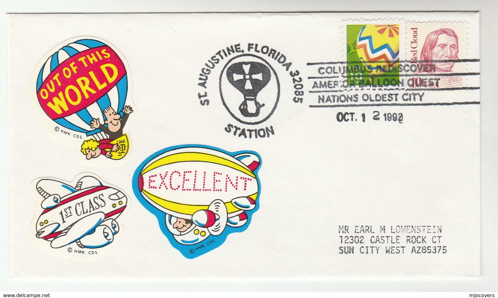 1992 Special BALLOON  EVENT COVER St Agustine CHRISTOPHER COLUMBUS ANNIV  USA Ballooning Stamps - Other (Air)