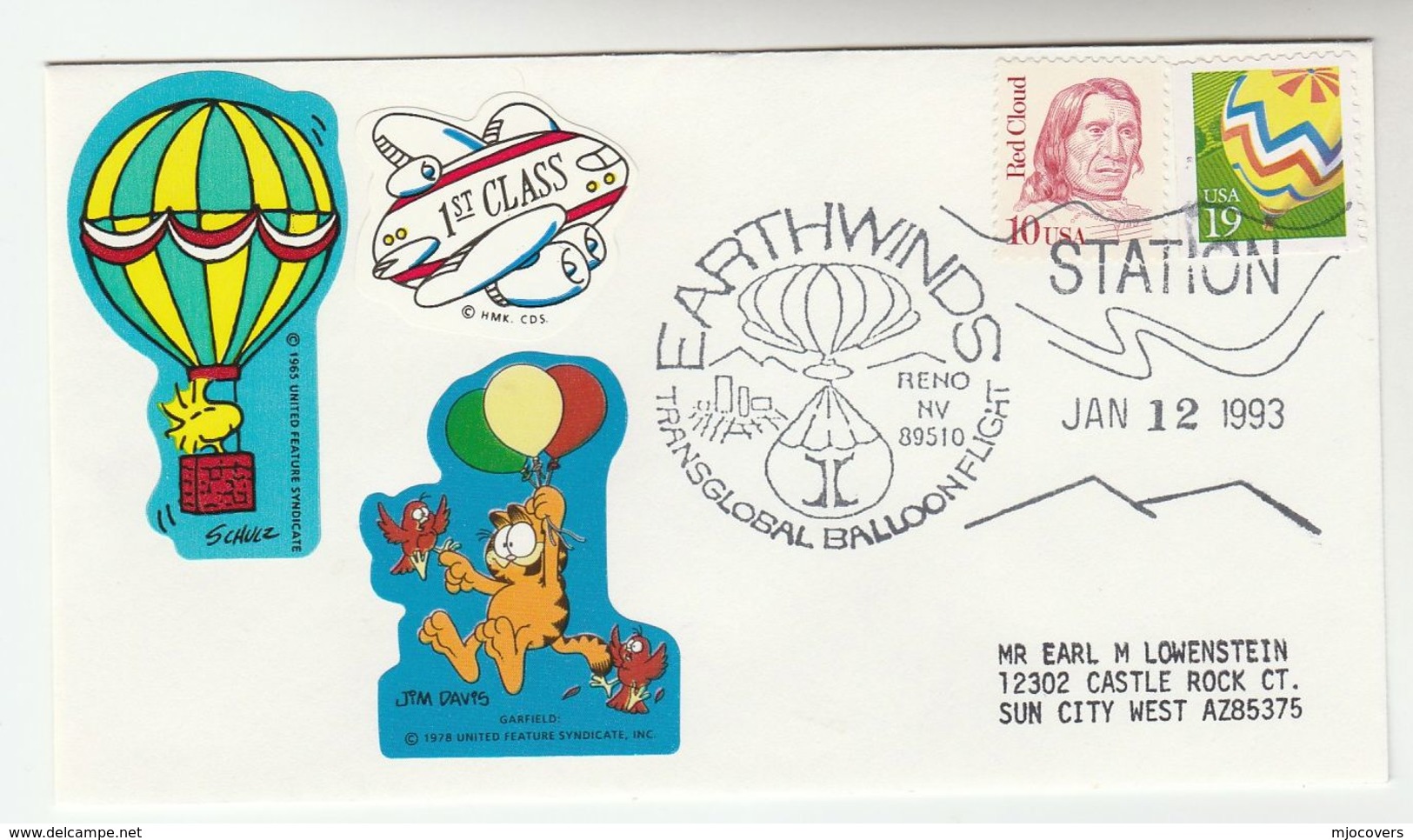 1993 Reno  TRANSGLOBAL BALLOON FLIGHT  COVER Stamps USA Ballooning - Other (Air)