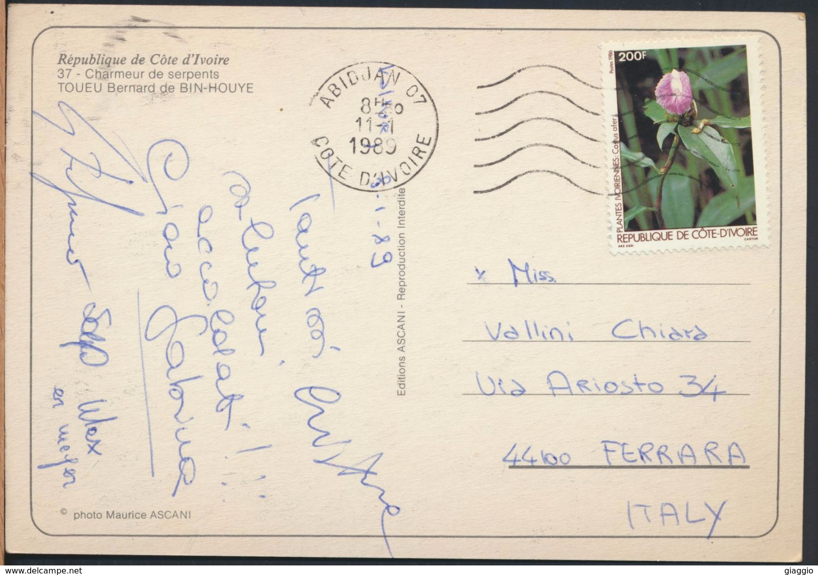 °°° 3982 - COTE D'IVOIRE - CHARMEUR DE SERPENTS - 1989 With Stamps °°° - Costa D'Avorio