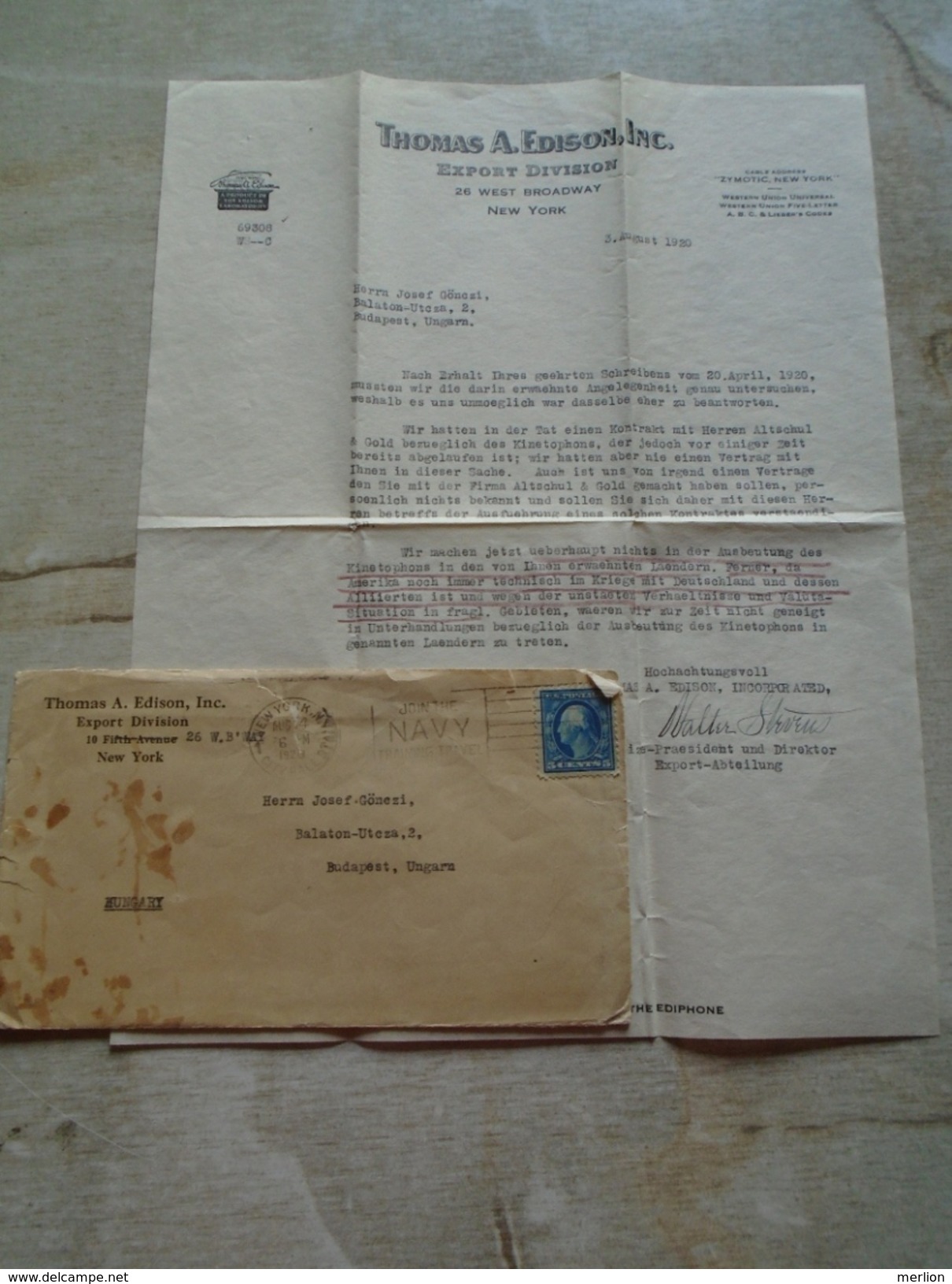 D149282 THOMAS  ALVA EDISON INC. Export Division -New York -vice President Signature Sent To Hungary Budapest 1920 - Italia