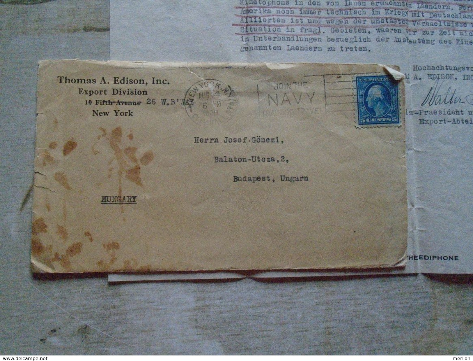 D149282 THOMAS  ALVA EDISON INC. Export Division -New York -vice President Signature Sent To Hungary Budapest 1920 - Italia