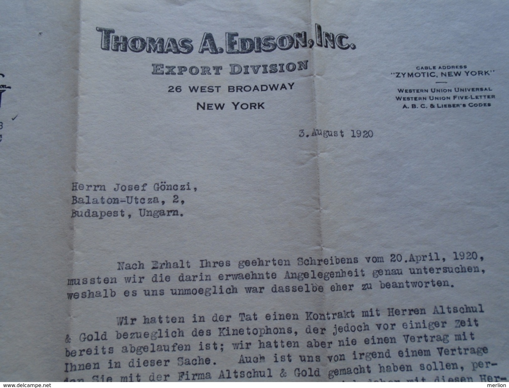 D149282 THOMAS  ALVA EDISON INC. Export Division -New York -vice President Signature Sent To Hungary Budapest 1920 - Italia