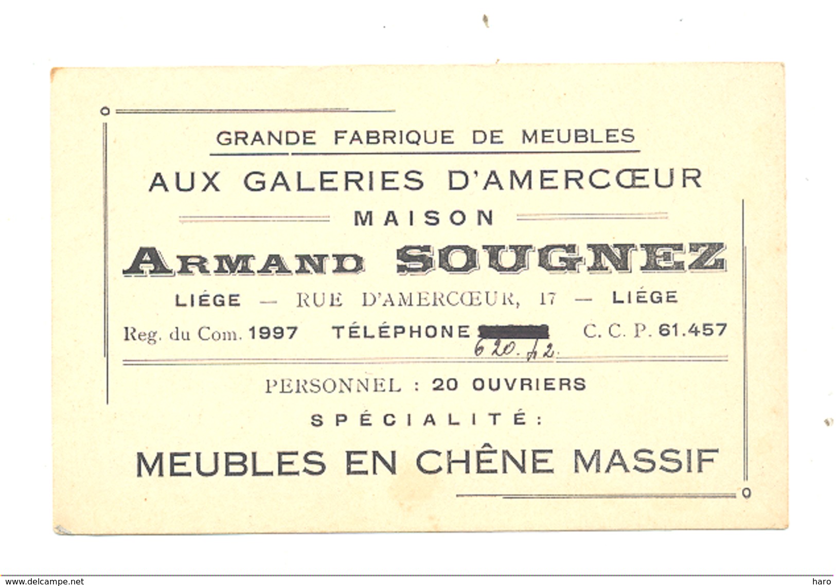 Carte De Visite - " Aux Galeries D' Amercoeur" Maison Armand SOUGNEZ - Fabrique De Meubles à LIEGE 1945...1950 ? (k) - Cartes De Visite