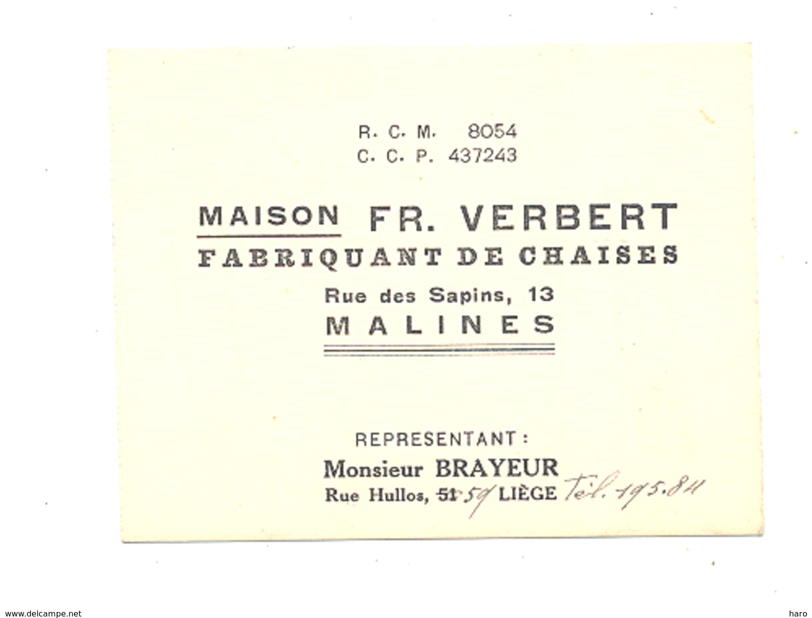 Carte De Visite - Maison  Fr. VERBERT  Fabrique De Chaises à MECHELEN / MALINES 1945...1950 ? (k) - Cartes De Visite