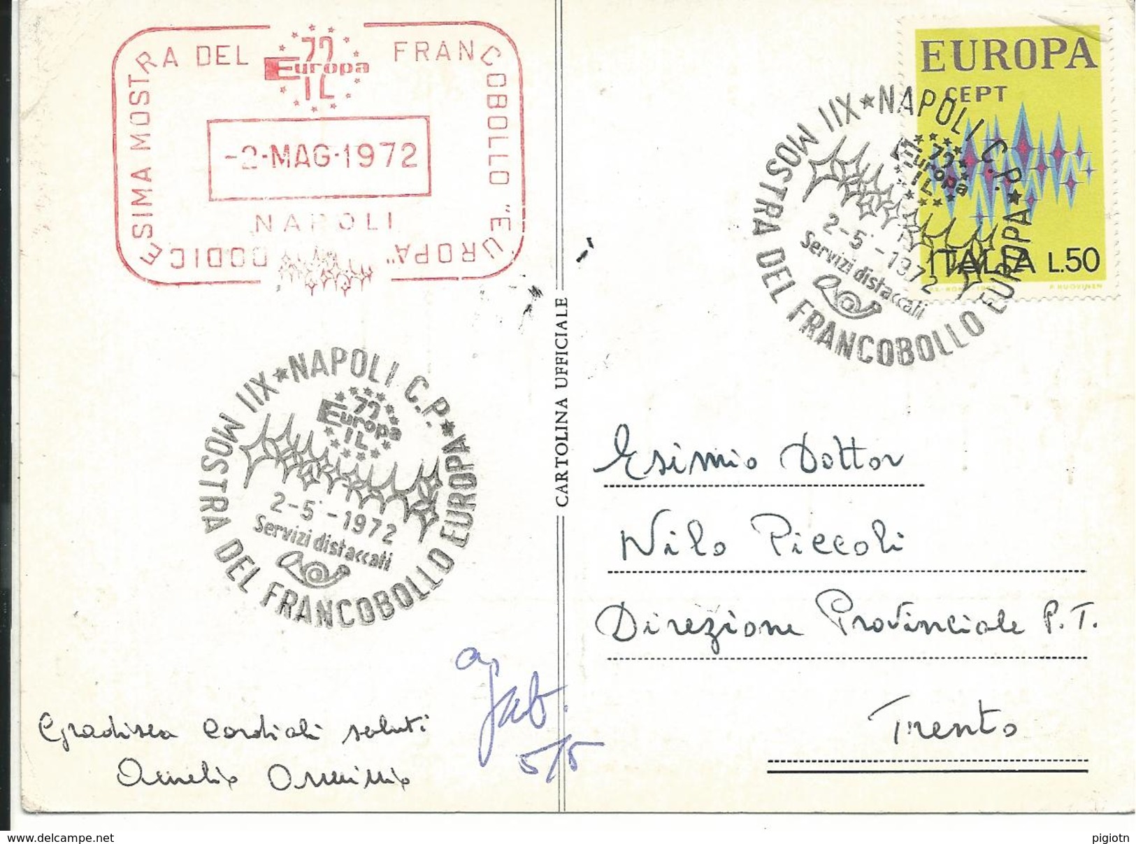 MF785 -MARCOFILIA -NAPOLI - XII MOSTRA DEL FRANCOBOLLO EUROPA - 2.5.1972 - SU CARTOLINA - 1971-80: Poststempel