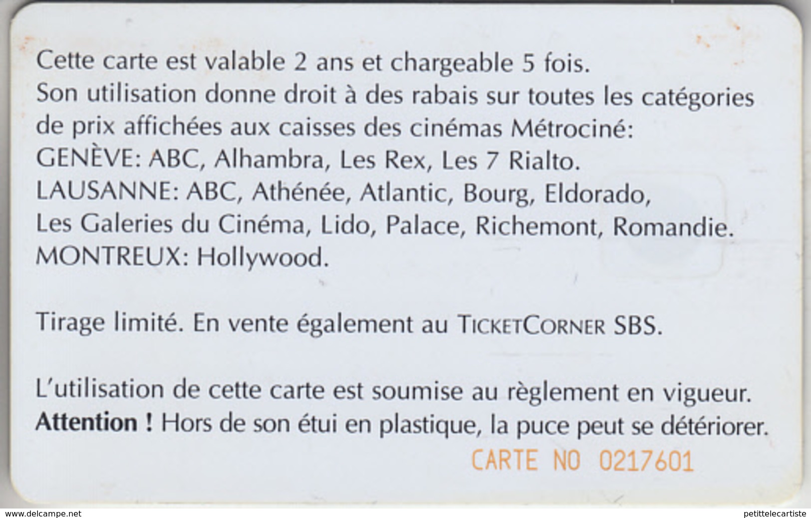 CARTE CINÉMA * SUISSE   * GIFT CARD *     *** METROCINÉ - PRIVILÈGE / 2  *** - Schweiz