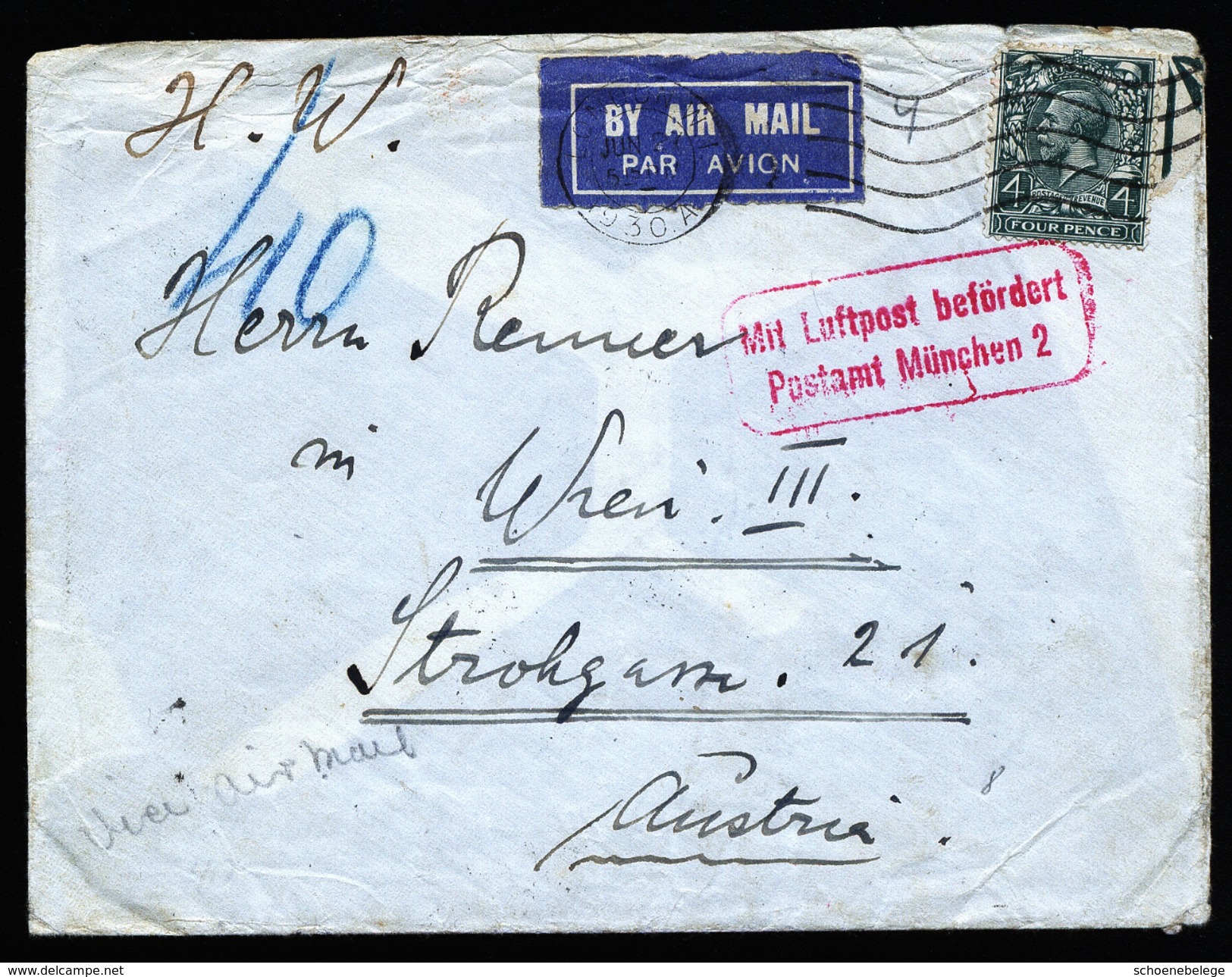 A4627) UK Airmail Cover From London 06/21/30 To Wien Over München - Covers & Documents