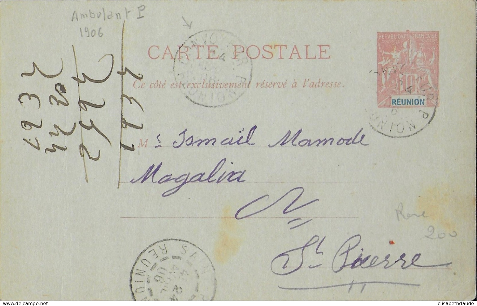 REUNION - 1906 - RARE CARTE ENTIER POSTAL TYPE GROUPE Avec OBLITERATION CONVOYEUR B - Lettres & Documents