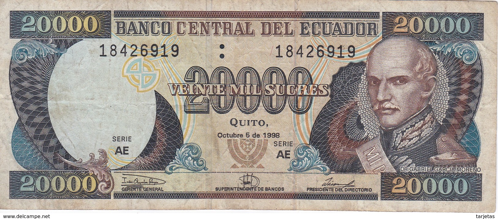 BILLETE DE ECUADOR DE 20000 SUCRES DEL 5 DE OCTUBRE DEL AÑO 1998 (BANKNOTE) - Ecuador