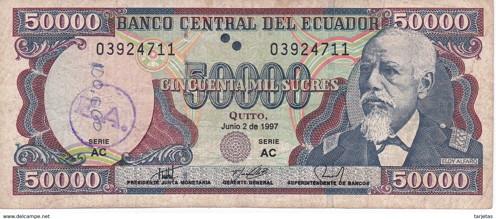 BILLETE DE ECUADOR DE 50000 SUCRES DEL 2 DE JUNIO DEL AÑO 1997 (BANKNOTE) Nº GRANDES - Ecuador