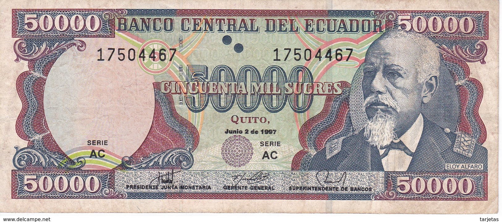 BILLETE DE ECUADOR DE 50000 SUCRES DEL 2 DE JUNIO DEL AÑO 1997 (BANKNOTE) Nº PEQUEÑOS - Ecuador