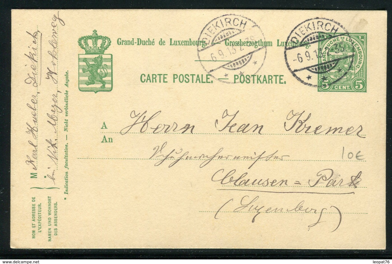 Luxembourg - Entier Postal De Diekirch Pour Clausen - Park En 1913 -  Ref A49 - Interi Postali