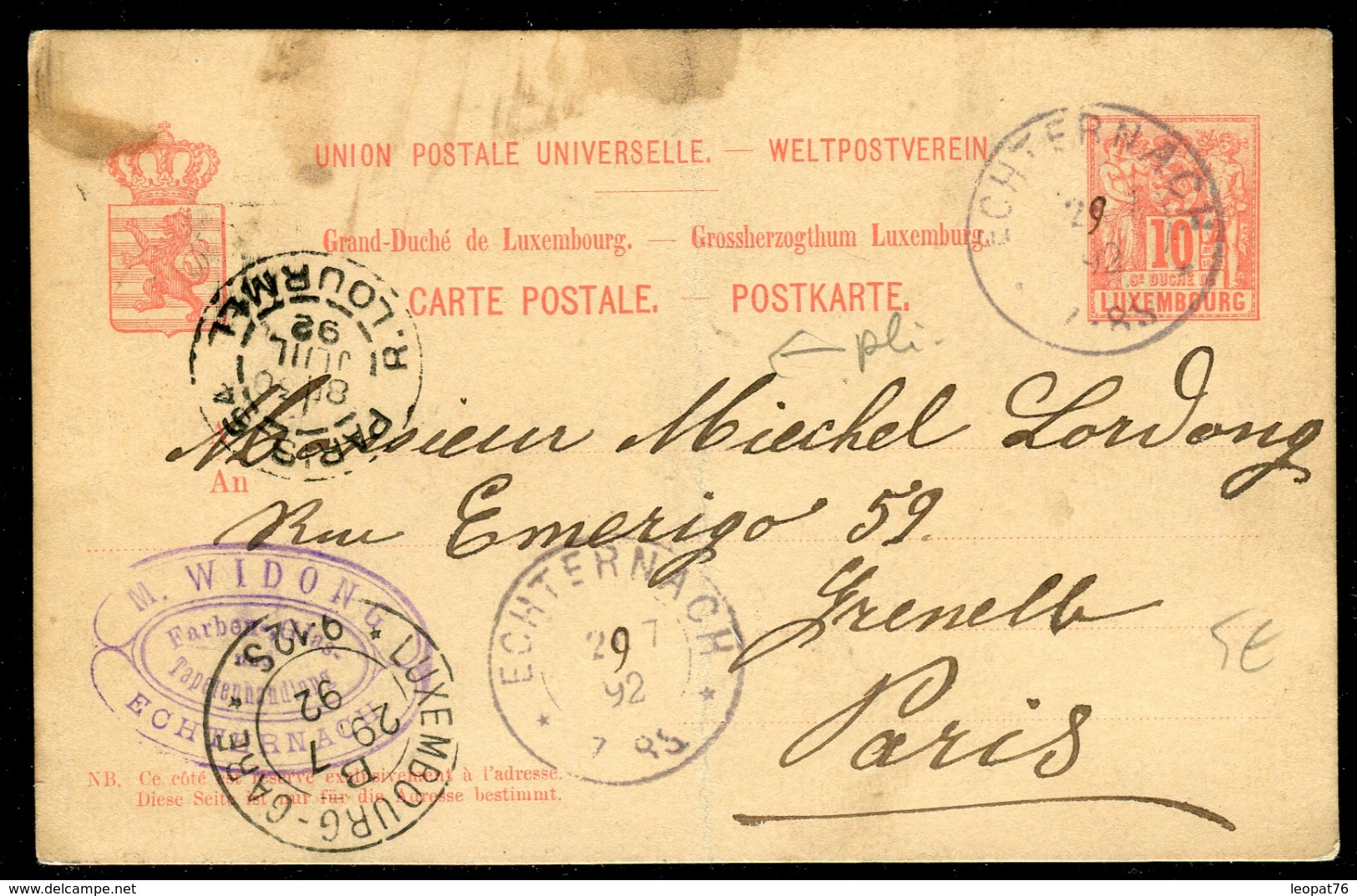 Luxembourg - Entier Postal ( Avec Pli Central ) D ' Echternach Pour Paris En 1892 -  Ref A53 - Stamped Stationery