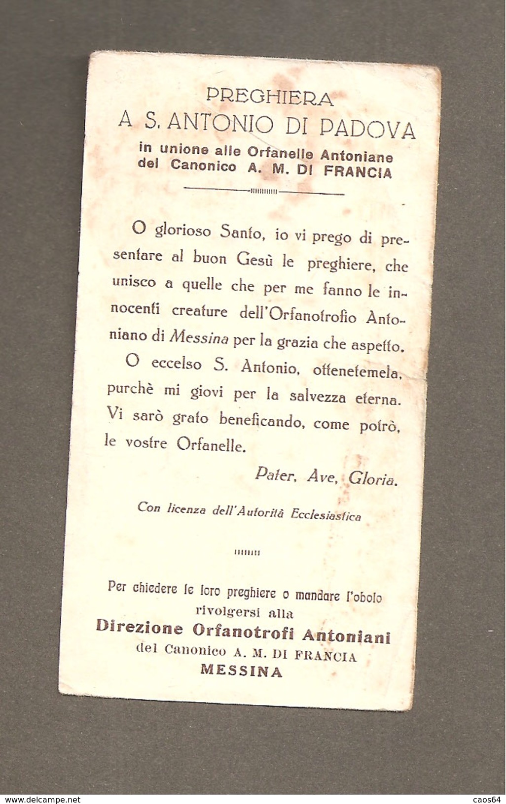 S. ANTONIO DI PADOVA GIGLIO DI PURITA' PREGA PER NOI SANTINO  ORIGINALE D'EPOCA - Santini