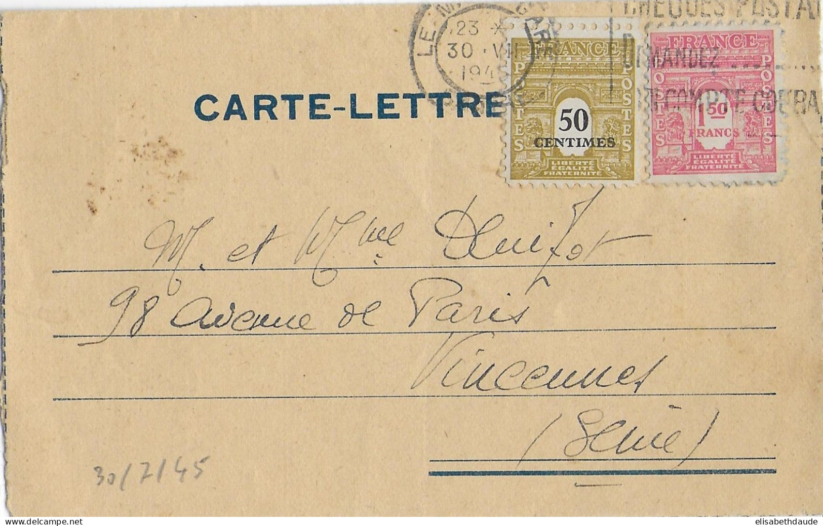 1945 - ARC DE TRIOMPHE - CARTE-LETTRE De LE MANS (SARTHE) Avec MECA => VINCENNES - 1944-45 Arco Del Triunfo