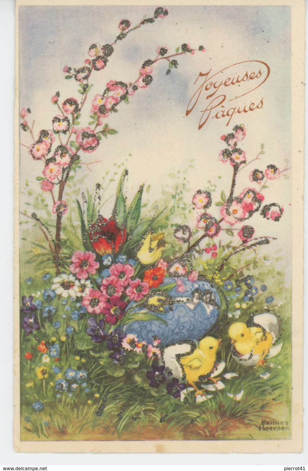 PAQUES - Jolie Carte Fantaisie Avec Paillettes Poussins Et Fleurs De "Joyeuses Pâques " Signée HANNES PETERSEN - Petersen, Hannes