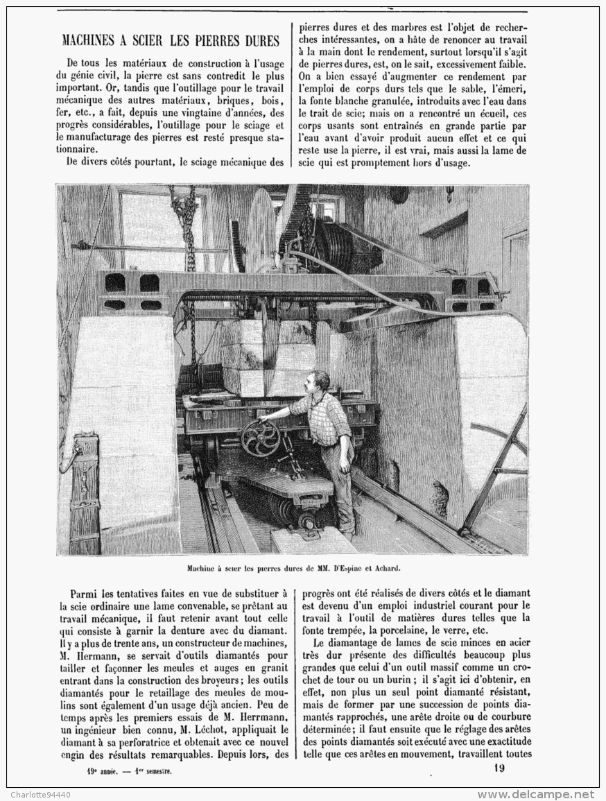 MACHINE A SCIER LES PIERRES DURES De MM. D'ESPINE Et ACHARD  1891 - Otros & Sin Clasificación