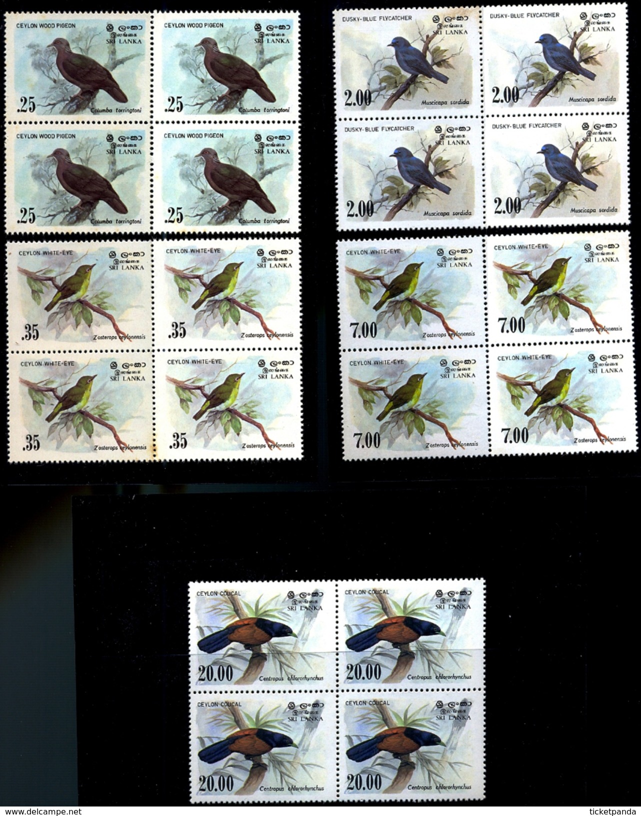 BIRDS OF CEYLON WOOD PIGEON, WHITE EYE, FLYCATCHER& COUCAL-SET OF 5 IN BLOCKS OF 4-MNH-H1-201 - Cuckoos & Turacos