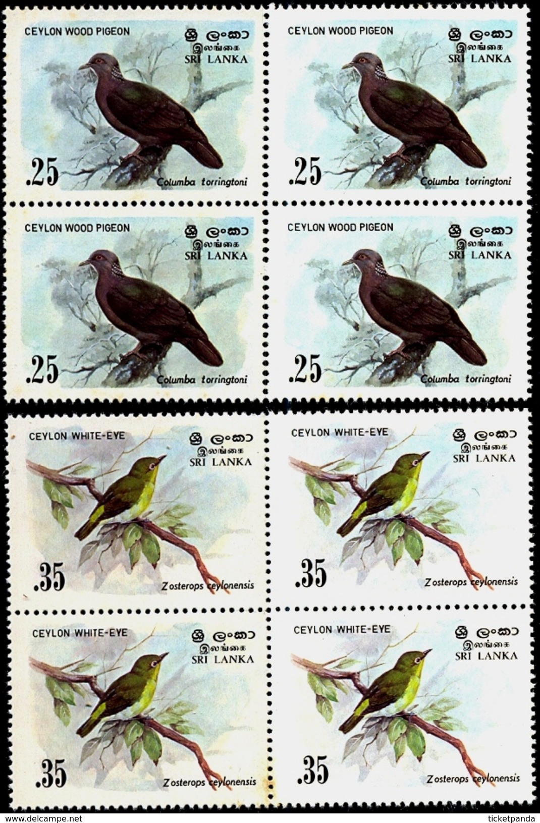 BIRDS OF CEYLON WOOD PIGEON, WHITE EYE, FLYCATCHER& COUCAL-SET OF 5 IN BLOCKS OF 4-MNH-H1-201 - Coucous, Touracos