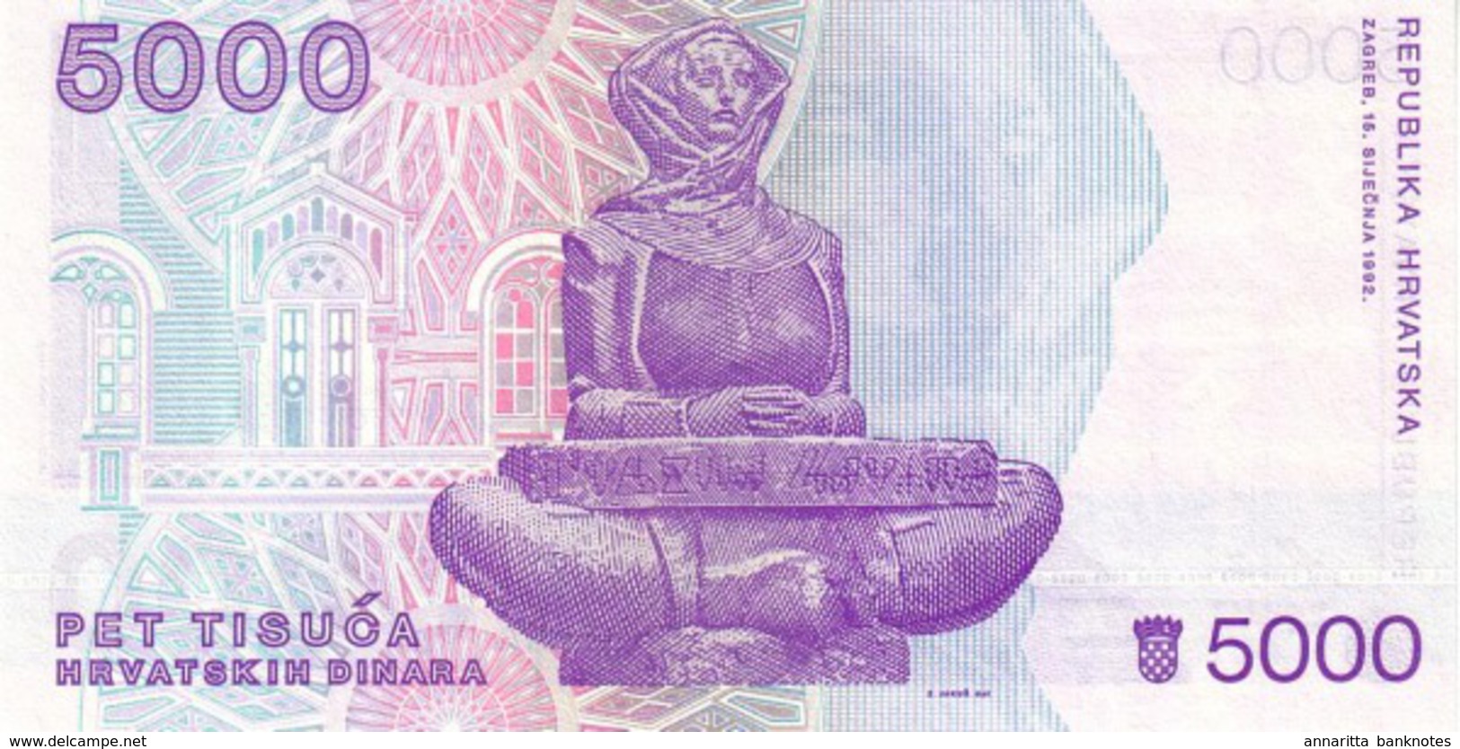 CROATIA 5000 DINARS 1992 P-24 UNC [ HR309a ] - Croatia