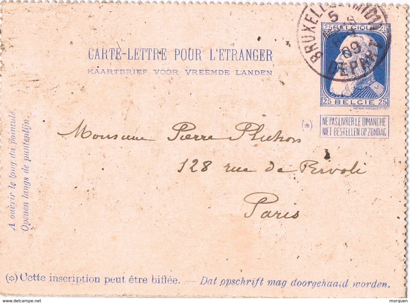 24038. Entero Postal, Carte Postale BRUXELLES Midi (belgien) 1909 - Cupón-respuesta Internacionales