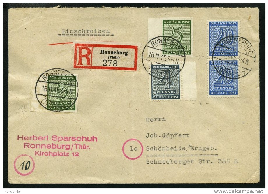 WEST-SACHSEN 116Y BRIEF, 1945, 5 Pf. Schw&auml;rzlicholivgr&uuml;n, Wz. 1Y, Mit Zusatzfrankatur Auf Einschreibbrief (sen - Sonstige & Ohne Zuordnung