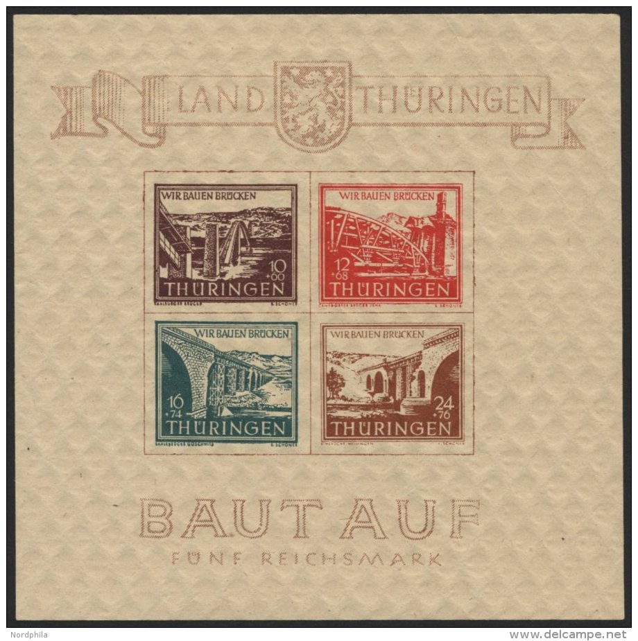 TH&Uuml;RINGEN Bl. 4a **, 1946, Br&uuml;ckenblock, Type III, Pracht, Mi. 420.- - Sonstige & Ohne Zuordnung