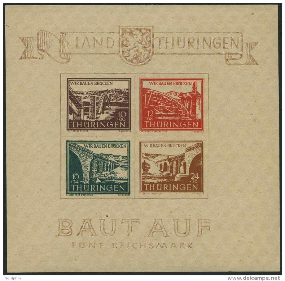 TH&Uuml;RINGEN Bl. 4a **, 1946, Br&uuml;ckenblock, Type I, Pracht, Mi. 400.- - Sonstige & Ohne Zuordnung