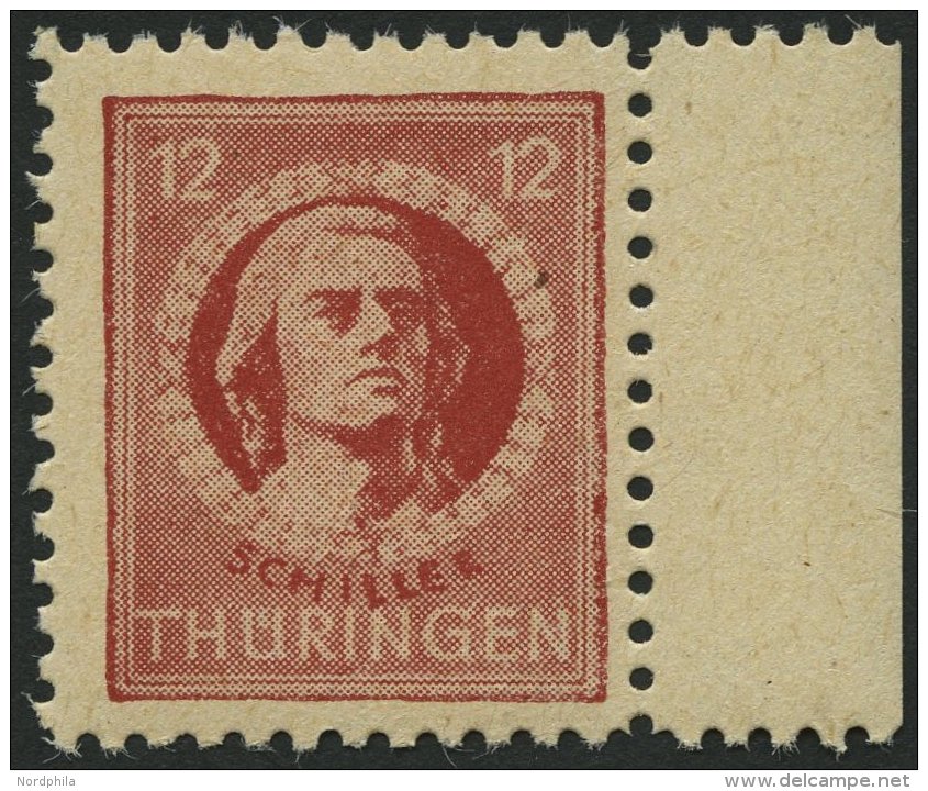 TH&Uuml;RINGEN 97bt **, 1945, 12 Pf. Dunkelbr&auml;unlichrot, Gelblichgraues Papier, Pracht, Gepr. Str&ouml;h, Mi. 150.- - Sonstige & Ohne Zuordnung