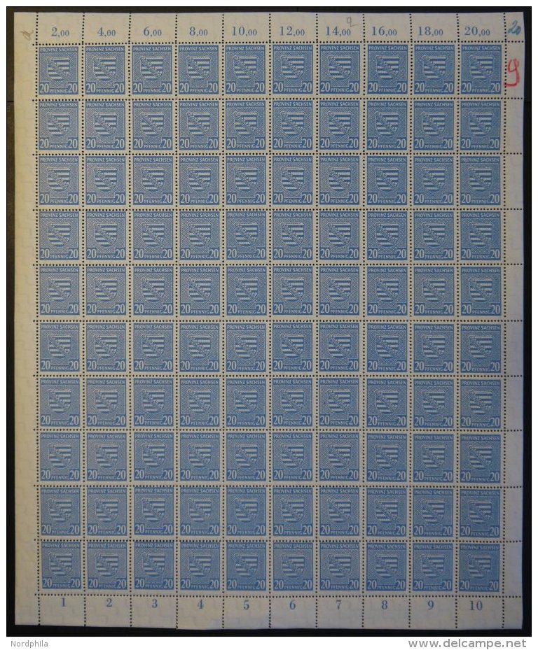 PROVINZ SACHSEN 81Y **, 1945, 20 Pf. Hellblau, Wz. 1Y, Im Bogen (100), Dabei Die Abarten: 81YI, 81YII Und 81YIII, Pracht - Other & Unclassified