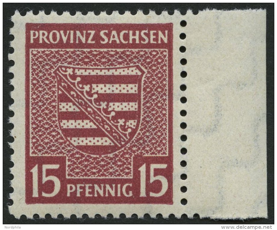 PROVINZ SACHSEN 80Xa **, 1945, 15 Pf. Mittellilakarmin, Wz. 1X, Rechtes Randst&uuml;ck, Pracht, Mi. 250.- - Other & Unclassified