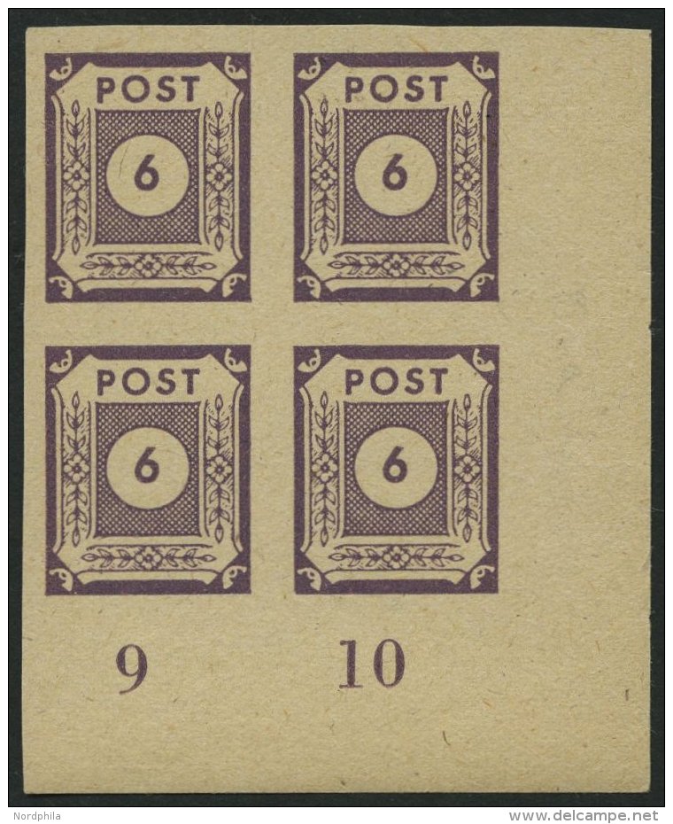 OST-SACHSEN 58aU VB **, 1945, 6 Pf. Grauviolett, Ungez&auml;hnt, Im Eckrandviererblock, Pracht, Gepr., Mi. 200.- - Sonstige & Ohne Zuordnung