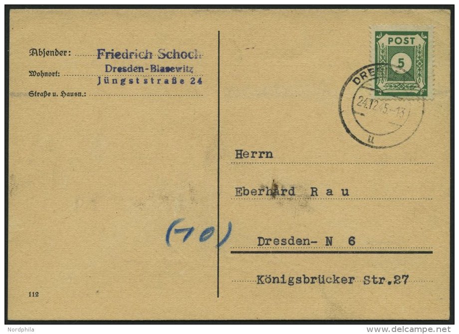 OST-SACHSEN 57a BRIEF, 1945, 5 Pf. Dunkelgr&uuml;n Auf Ortspostkarte, Pracht - Sonstige & Ohne Zuordnung