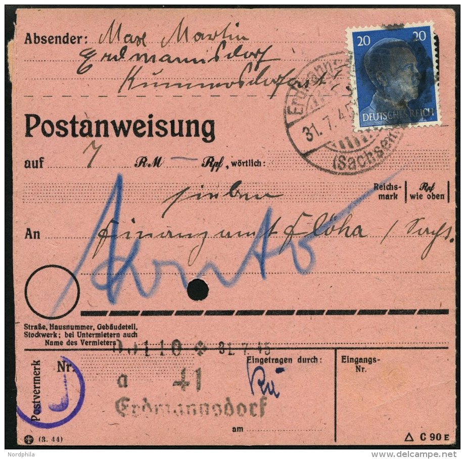 S&Auml;CHSISCHE SCHW&Auml;RZUNGEN AP 791I BRIEF, ERDMANNSDORF (Sachsen), 20 Pf. Auf Postanweisung, Gelocht Sonst Pracht - Autres & Non Classés