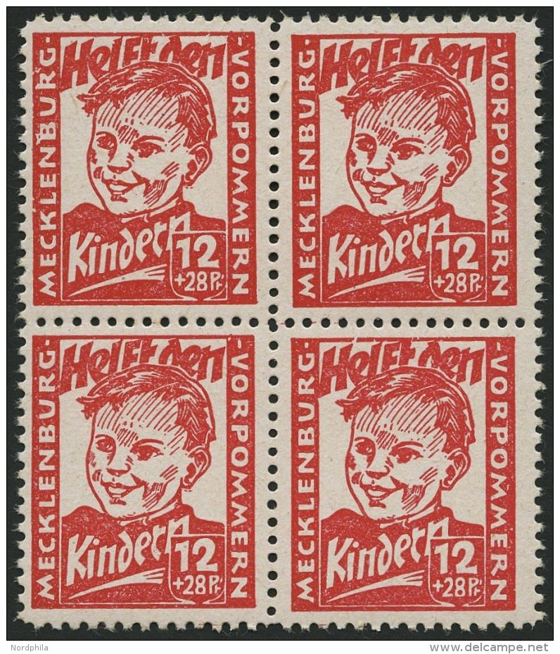 MECKLENBURG-VORPOMMERN 28b VB **, 1945, 12 Pf. Dunkelrosa Kinderhilfe Im Viererblock, Pracht, Gepr. Kramp, Mi. 320.- - Sonstige & Ohne Zuordnung