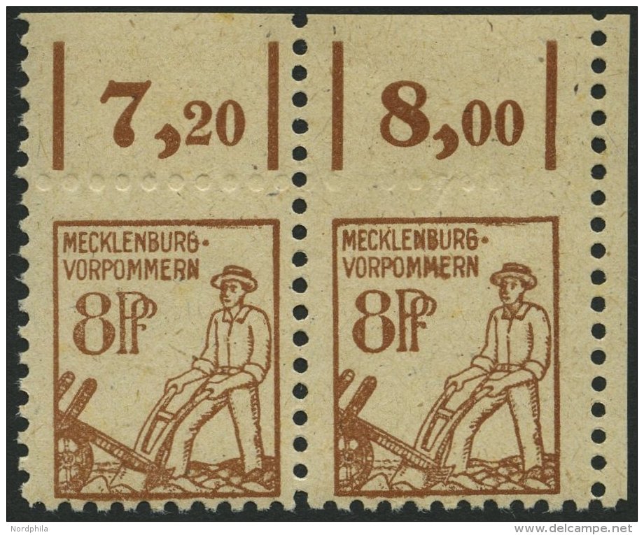 MECKLENBURG-VORPOMMERN 15a Paar **, 1945, 8 Pf. Mittelsiena Im Waagerechten Paar Aus Der Rechten Oberen Bogenecke, Oberr - Sonstige & Ohne Zuordnung