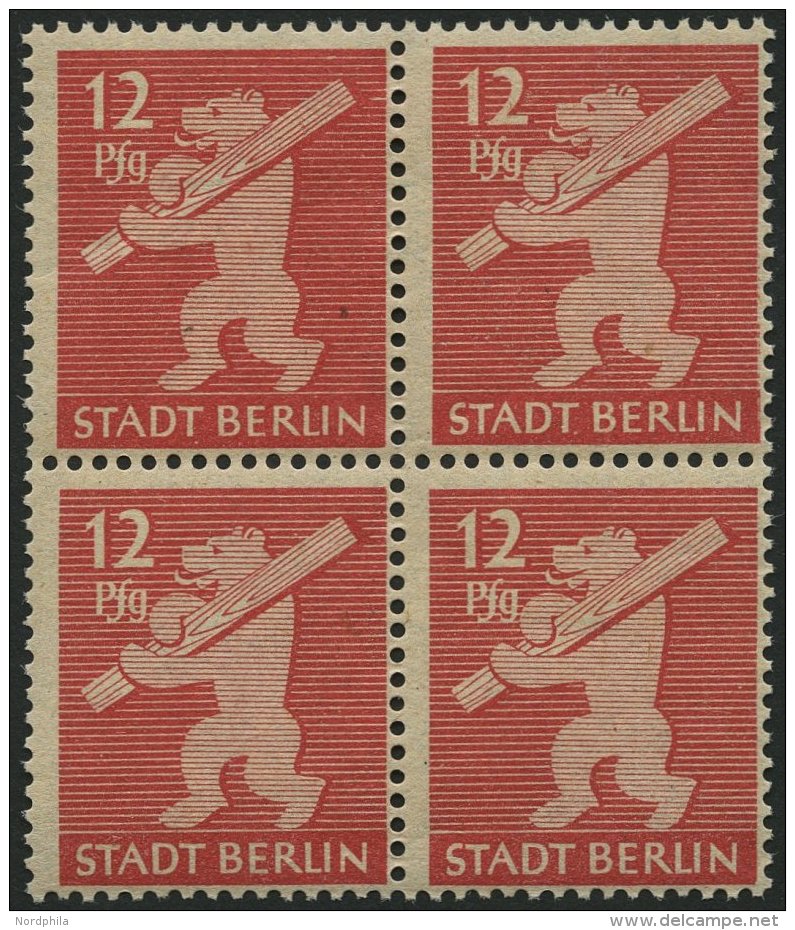 BERLIN UND BRANDENBURG 5AAwax VB **, 1945, 12 Pf. Mittelkarminrot, Graurosa Papier, Glatte Gummierung, Im Viererblock, P - Other & Unclassified