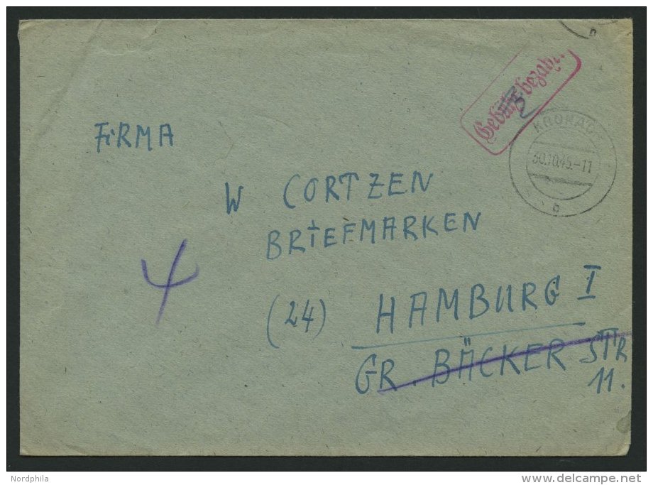 ALL. BES. GEB&Uuml;HR BEZAHLT KRONAU, 30.10.45, Roter R1 Geb&uuml;hr Bezahlt, Prachtbrief - Sonstige & Ohne Zuordnung